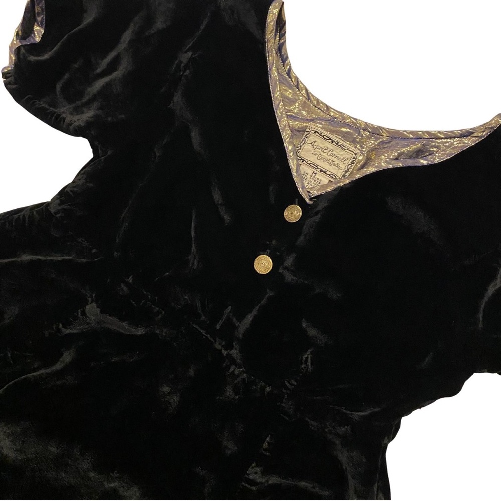 Vintage Medival Shiny Gold Little Black Dress Velvet Women Medium Short Sleeve - Picture 2 of 12